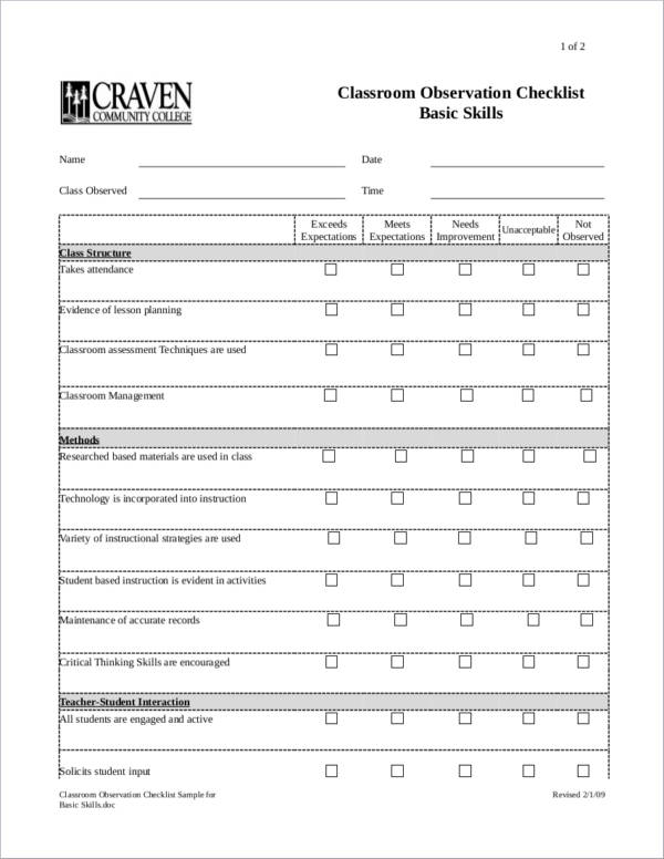 common type of observation checklist used in research