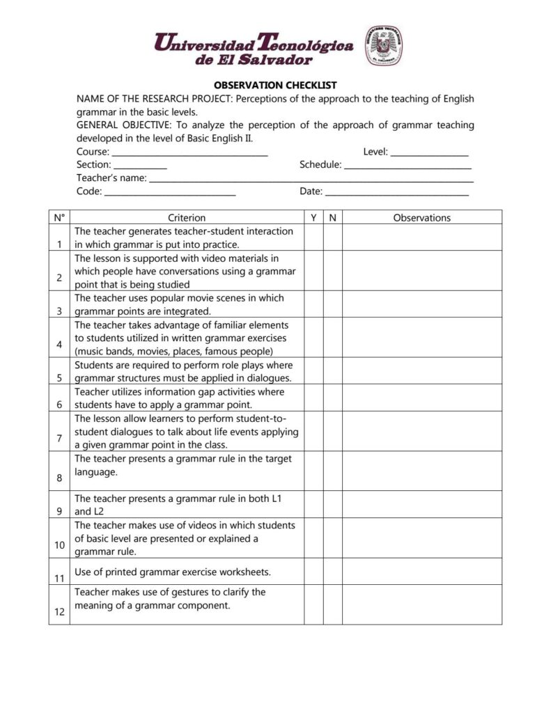 common type of observation checklist used in research