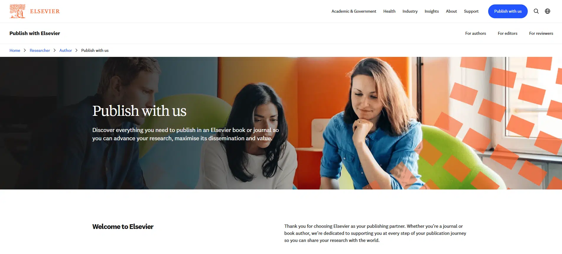 A visual of Elsevier “Author publish with us” page section.