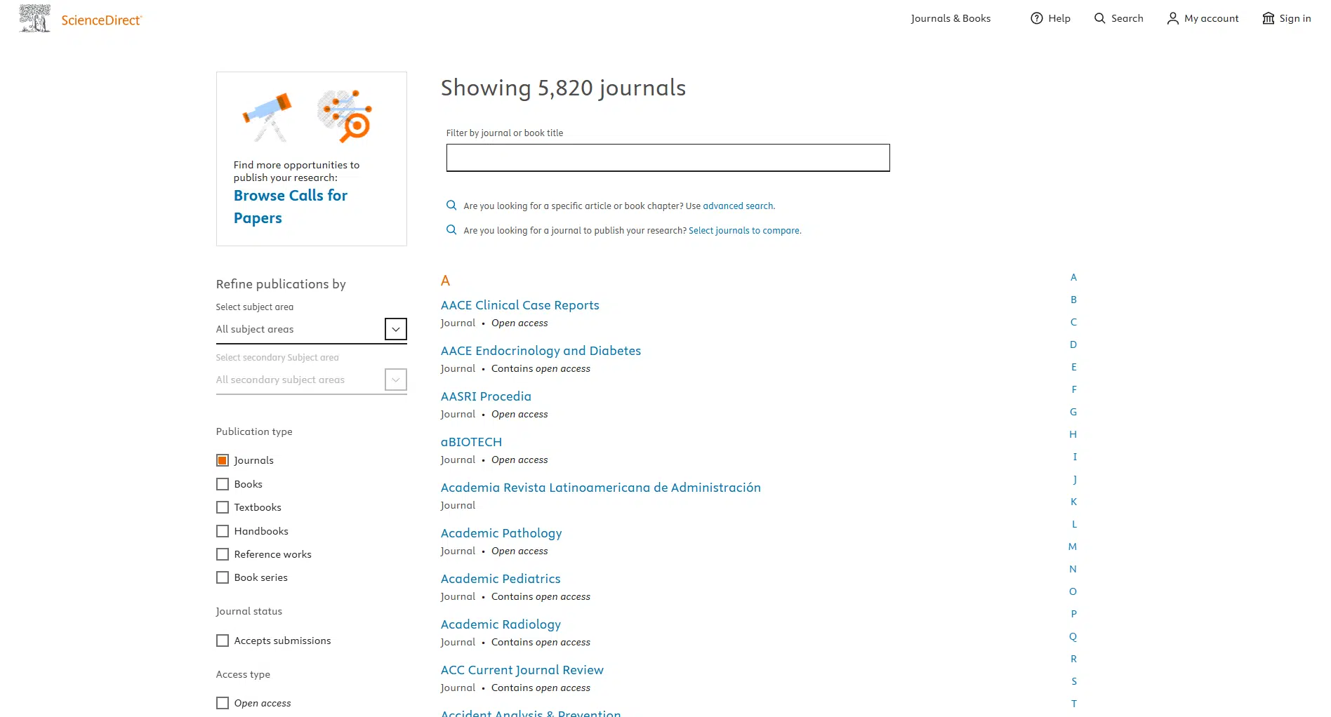 A webpage view of ScienceDirect journal directory.