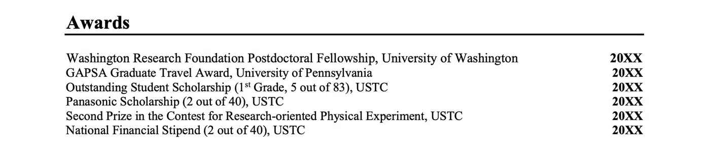Sample academic CV awards, grants and fellowships section