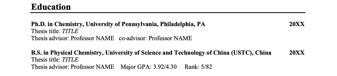 Sample academic CV education section in reverse chronological order