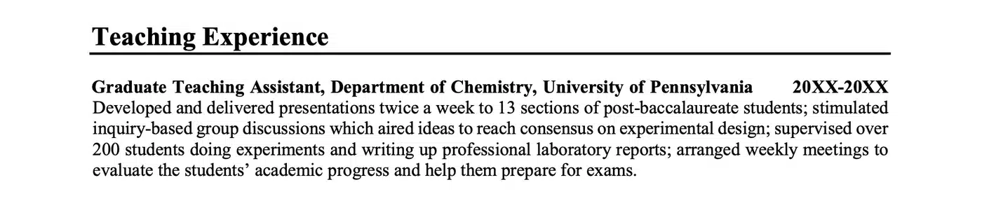 Sample academic CV teaching experience section