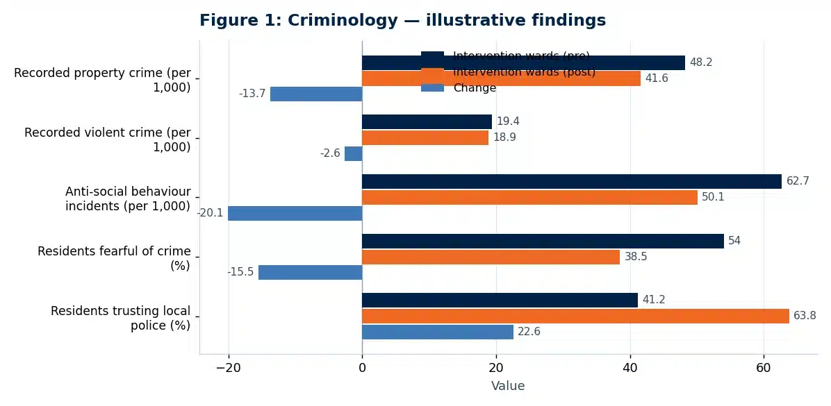 Bar chart of illustrative findings from the criminology research paper: The Effectiveness of Community Policing in Reducing Urban Crime