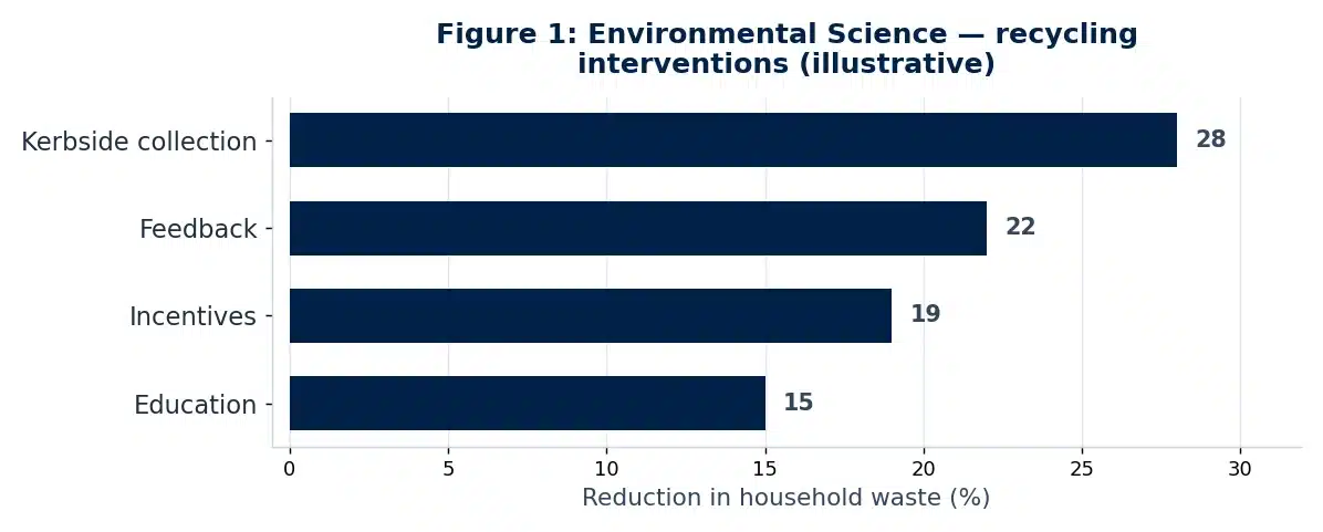 Bar chart of illustrative findings from the environmental science dissertation conclusion chapter: The Effectiveness of Recycling Interventions in Reducing Household Waste