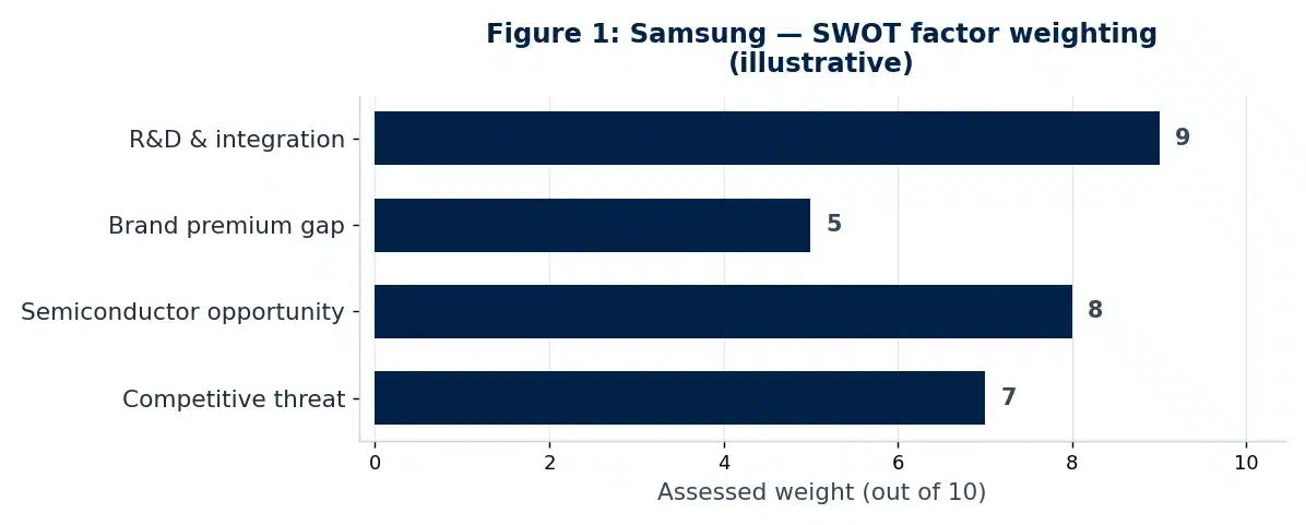 Bar chart illustrating the SWOT analysis analysis of Samsung in this case study example.