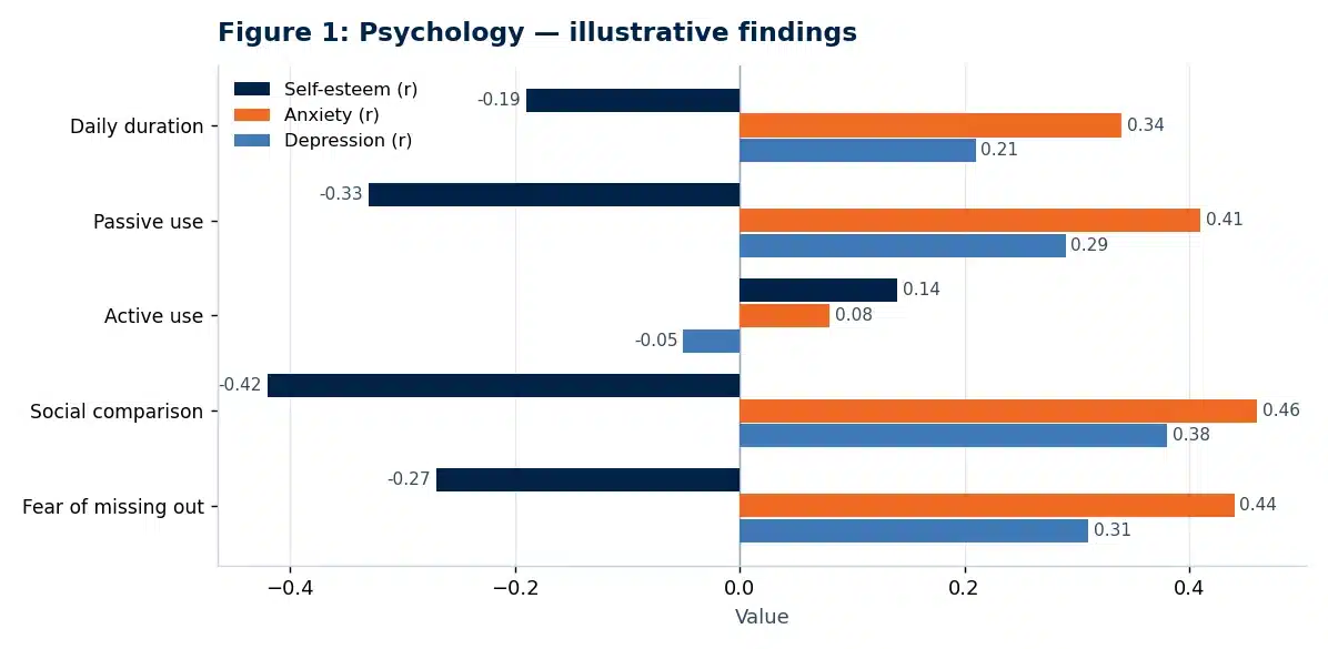 Bar chart of illustrative findings from the psychology research paper: The Effects of Social Media Use on Adolescent Mental Health