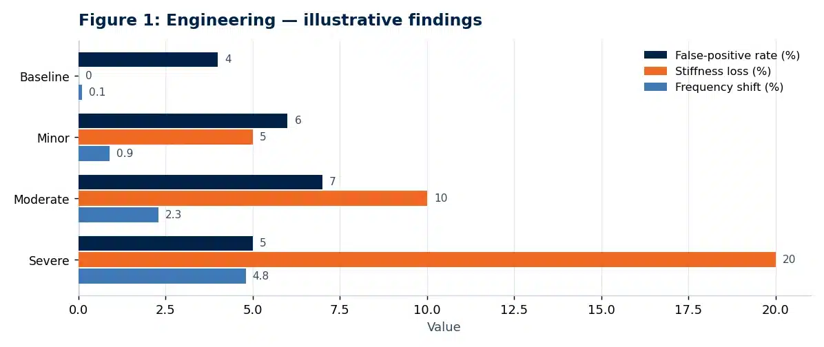 Bar chart of illustrative findings from the engineering research paper: Structural Health Monitoring Using IoT Sensors in Civil Infrastructure