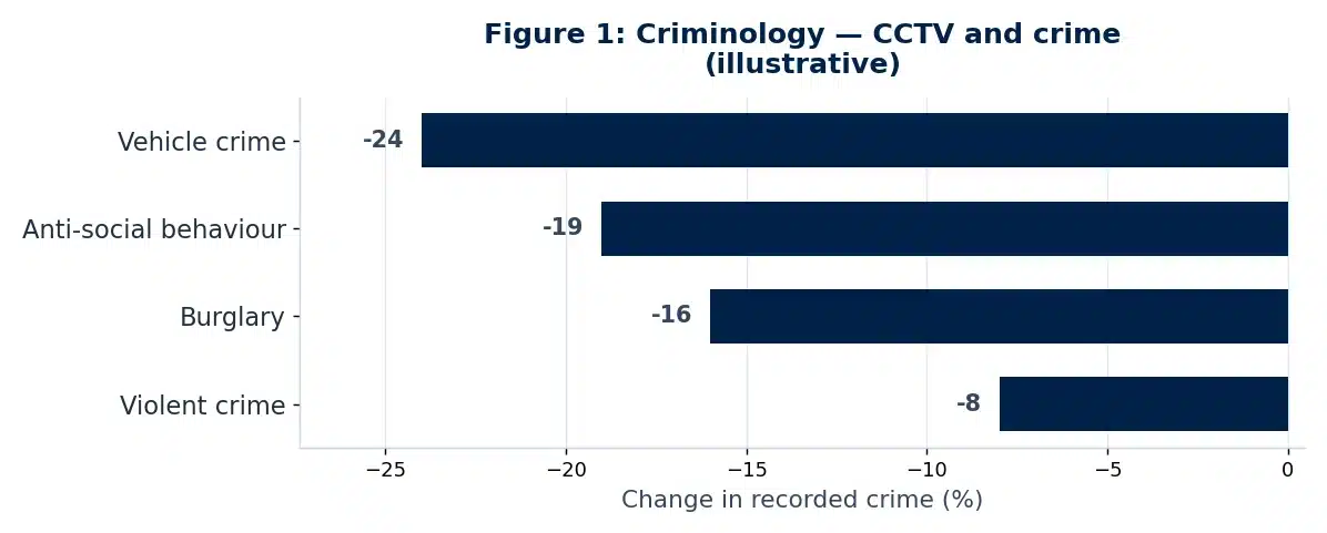 Bar chart of illustrative findings from the criminology dissertation conclusion chapter: The Impact of CCTV on Crime Prevention in Urban Areas