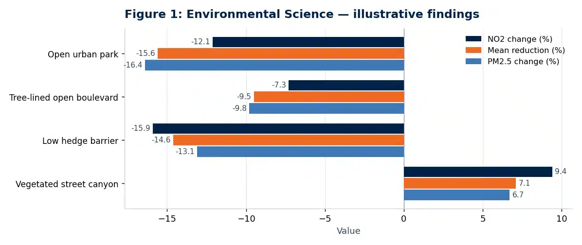 Bar chart of illustrative findings from the environmental science research paper: Assessing the Effectiveness of Urban Green Spaces in Reducing Air Pollution