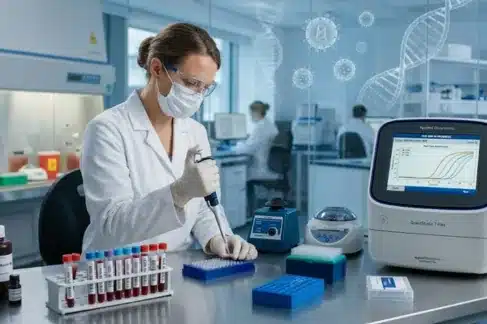 Laboratory technician preparing blood samples for PCR pathogen testing
