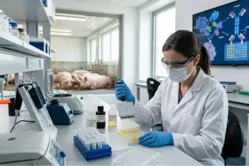 Researcher running a porcine ELISA assay in a swine disease laboratory